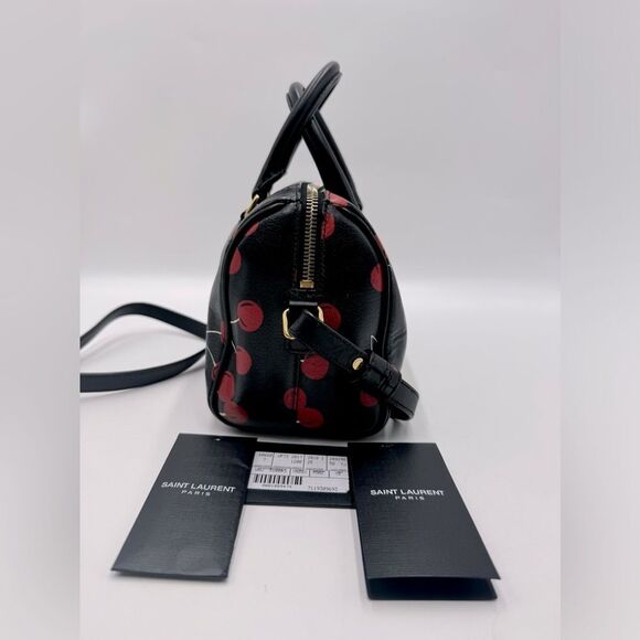 Auth Saint Laurent Calfskin Cherry Print 2way Classic Baby Duffle Bag Black Red - Picture 8 of 15